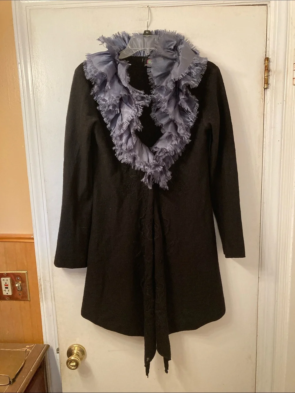 Peoria Emporium Black Wool Cardigan with Dusty Blue Ruffles